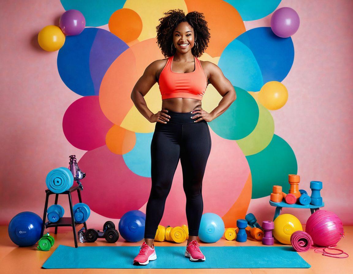 A stylish woman with an empowering smile, showcasing a variety of colorful, trendy outfits that accentuate her curves, surrounded by fitness equipment and playful accessories representing fun activities. The background features vibrant splashes of color symbolizing energy and positivity. This scene captures a blend of fashion, fitness, and a lively lifestyle. vibrant colors. super-realistic. upbeat atmosphere.