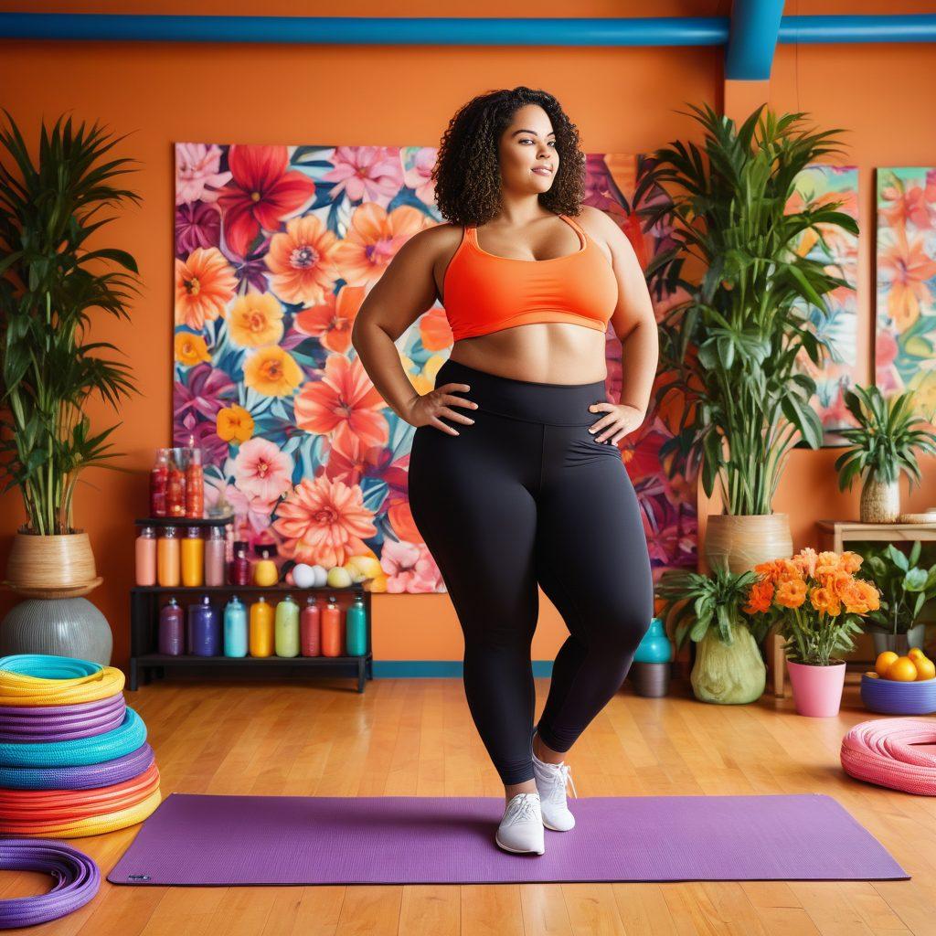 A dynamic composition showcasing a confident, curvy woman in stylish activewear, surrounded by fashionable workout gear and trendy fitness accessories. Incorporate elements of vibrant fashion trends, alongside healthy foods and inspirational quotes about body positivity. The background should feature a colorful gym setting with accents of floral designs, emphasizing a lively and empowering atmosphere. super-realistic. vibrant colors. soft focus.