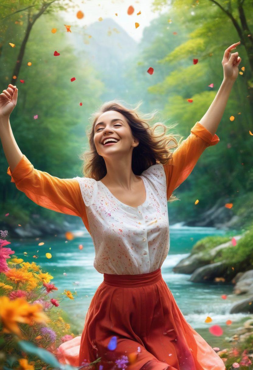 A vibrant collage featuring joyous moments of a woman named Judy enjoying various fun activities like dancing, cooking, and exploring nature. Bright colors radiate enthusiasm and positivity, with whimsical elements like confetti, surrounded by inspiring quotes and tips subtly integrated into the background. The scene embodies a fabulous lifestyle, encouraging relaxation and joy. super-realistic. vibrant colors. playful illustration.